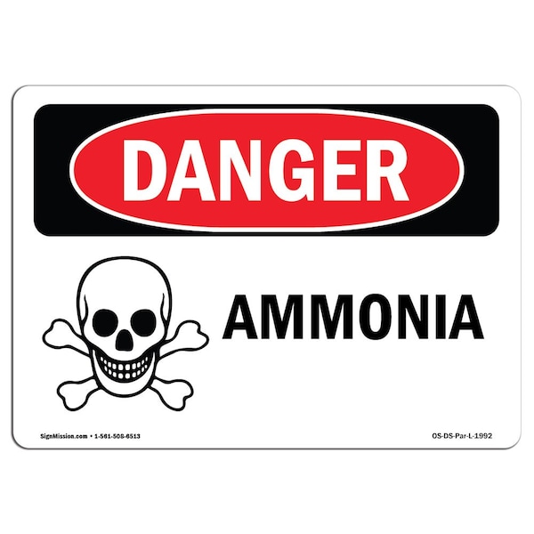 Safety Sign, OSHA Danger, 7" Height, 10" Width, Aluminum, Ammonia, Landscape